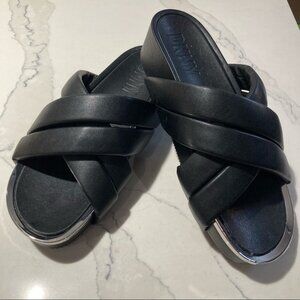 DKNY Sz 8.5 Platform Cross Padded  Strap Silver Accent Slip On Sandals NWT